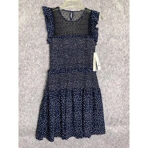 AQUA Bloomingdale's Navy Polka Dot Smocked Ruffle Mini Dress NWT Size S Preppy
